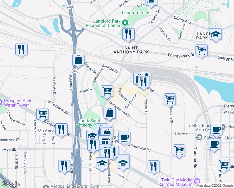 map of restaurants, bars, coffee shops, grocery stores, and more near 2380 Wycliff Street in Saint Paul