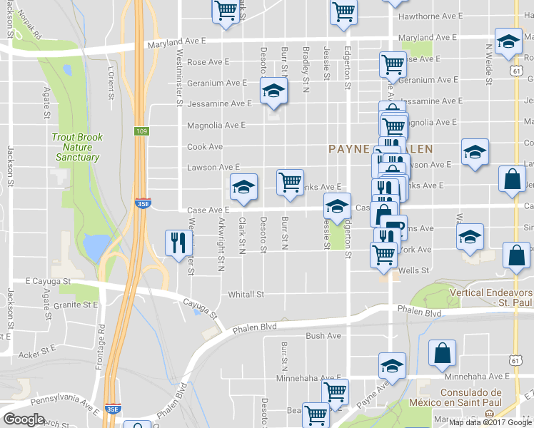 map of restaurants, bars, coffee shops, grocery stores, and more near 462 Case Avenue East in Saint Paul