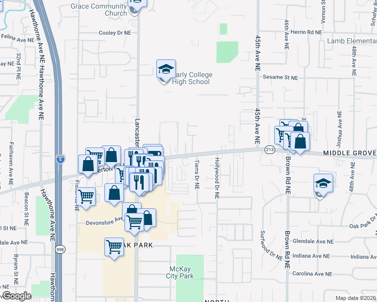 map of restaurants, bars, coffee shops, grocery stores, and more near 3415 Silvercedar Place Northeast in Salem