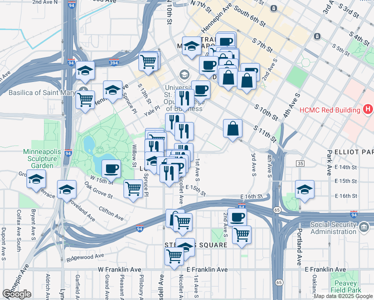 map of restaurants, bars, coffee shops, grocery stores, and more near 1335 1/2 Nicollet Ave in Minneapolis