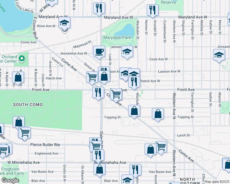map of restaurants, bars, coffee shops, grocery stores, and more near 576 Front Avenue in Saint Paul