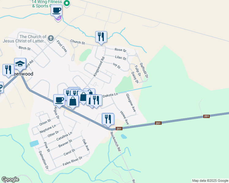 map of restaurants, bars, coffee shops, grocery stores, and more near 1006 Dakota Lane in Kingston