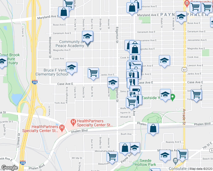 map of restaurants, bars, coffee shops, grocery stores, and more near 955 Jessie Street in Saint Paul