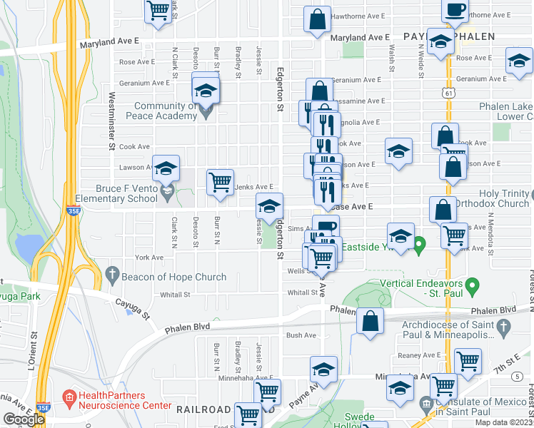 map of restaurants, bars, coffee shops, grocery stores, and more near 958 Jessie Street in Saint Paul