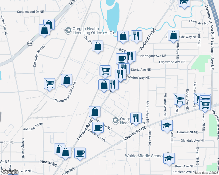 map of restaurants, bars, coffee shops, grocery stores, and more near 3350 Portland Road Northeast in Salem