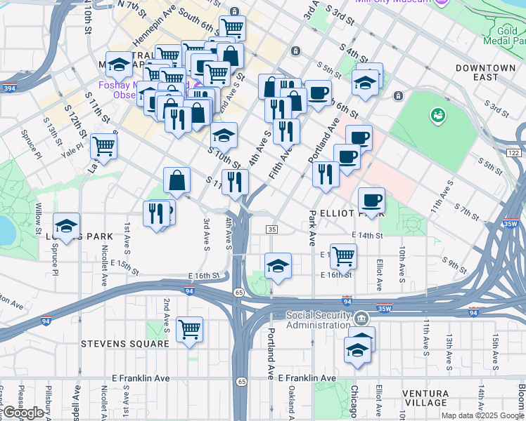 map of restaurants, bars, coffee shops, grocery stores, and more near 500 East Grant Street in Minneapolis