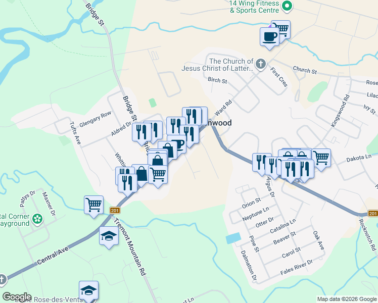 map of restaurants, bars, coffee shops, grocery stores, and more near 780 Central Avenue in Greenwood