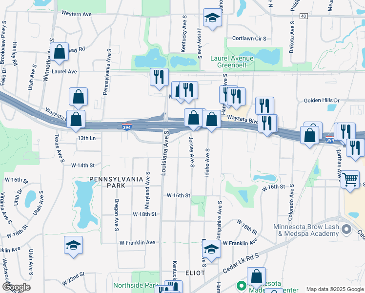 map of restaurants, bars, coffee shops, grocery stores, and more near 1333 Kentucky Avenue South in Minneapolis