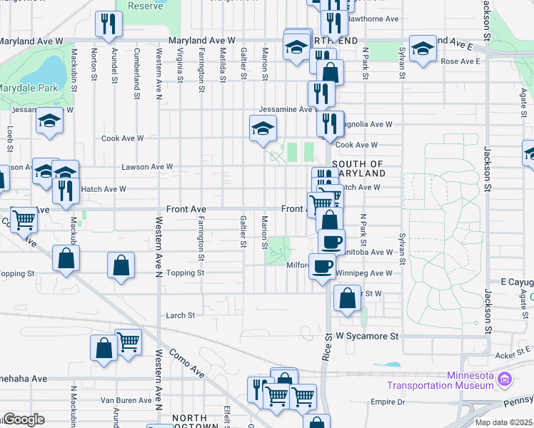 map of restaurants, bars, coffee shops, grocery stores, and more near 954 Marion Street in Saint Paul