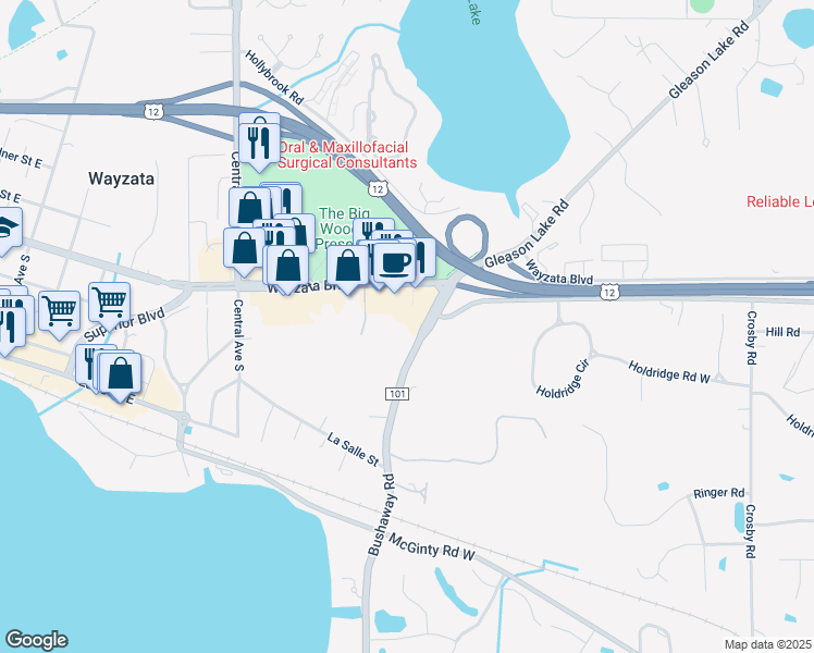 map of restaurants, bars, coffee shops, grocery stores, and more near 121 County Road 101 in Wayzata