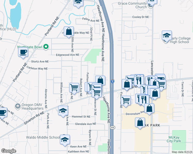 map of restaurants, bars, coffee shops, grocery stores, and more near 3491 Hawthorne Avenue Northeast in Salem