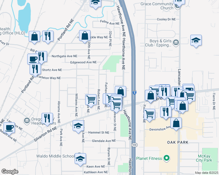 map of restaurants, bars, coffee shops, grocery stores, and more near 3424 Fairhaven Avenue Northeast in Salem