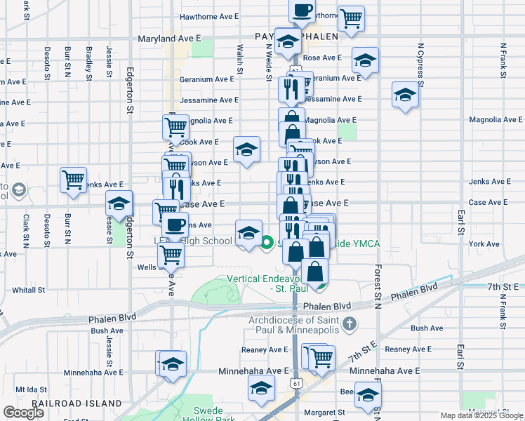 map of restaurants, bars, coffee shops, grocery stores, and more near 782 Case Avenue East in Saint Paul