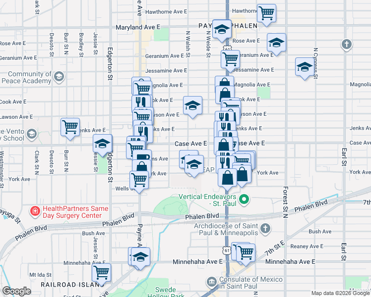 map of restaurants, bars, coffee shops, grocery stores, and more near 746 Case Avenue East in Saint Paul