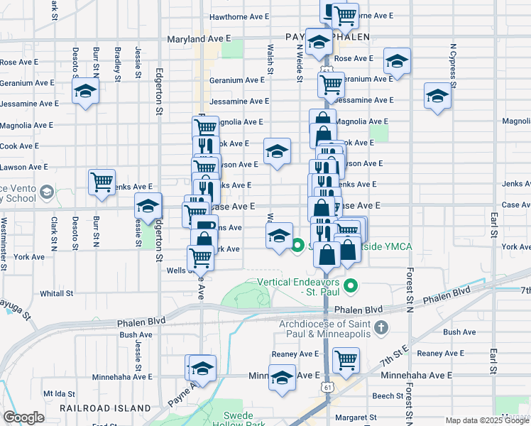 map of restaurants, bars, coffee shops, grocery stores, and more near 746 Case Avenue East in Saint Paul