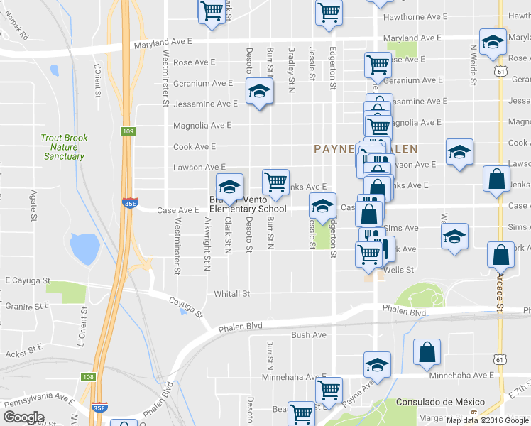 map of restaurants, bars, coffee shops, grocery stores, and more near 960 Burr Street North in Saint Paul