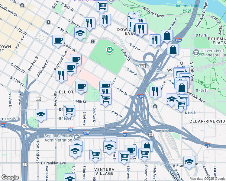 map of restaurants, bars, coffee shops, grocery stores, and more near 1129 South 7th Street in Minneapolis