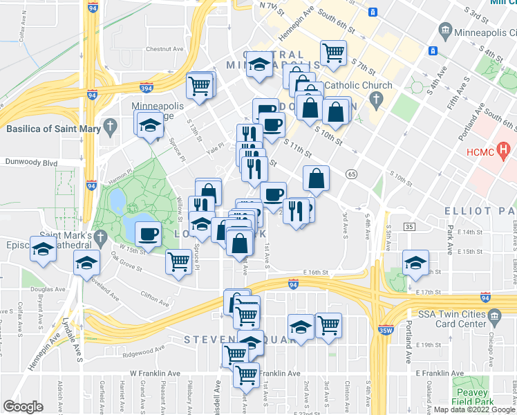 map of restaurants, bars, coffee shops, grocery stores, and more near 301 Clifton Avenue in Minneapolis