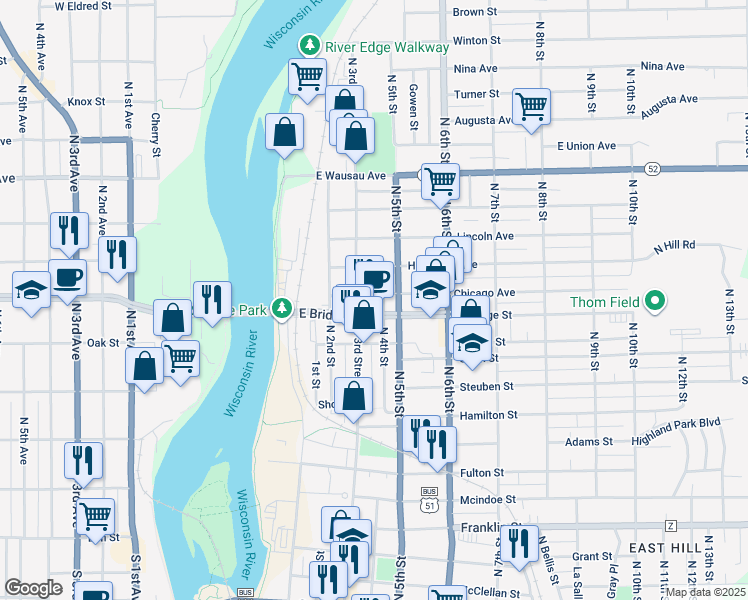 map of restaurants, bars, coffee shops, grocery stores, and more near 309 Chicago Ave in Wausau