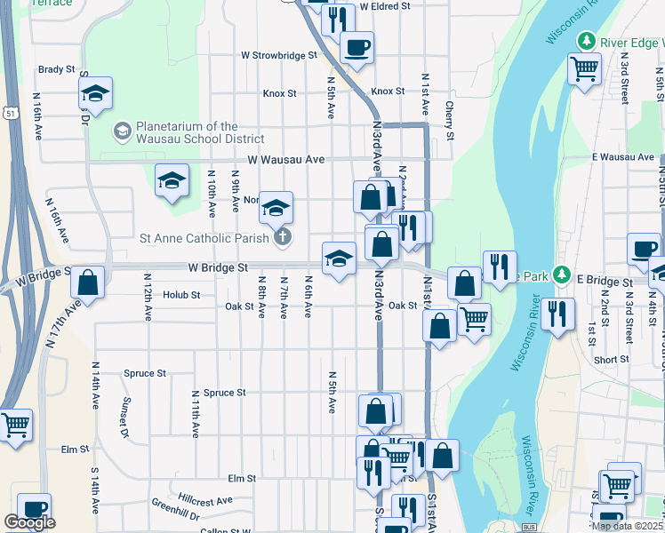map of restaurants, bars, coffee shops, grocery stores, and more near 401 West Bridge Street in Wausau