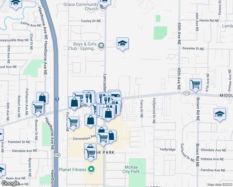 map of restaurants, bars, coffee shops, grocery stores, and more near 3441 Sandringham Drive Northeast in Salem