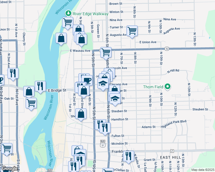 map of restaurants, bars, coffee shops, grocery stores, and more near 1616 North 6th Street in Wausau