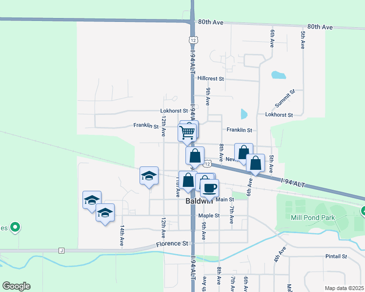 map of restaurants, bars, coffee shops, grocery stores, and more near 1080 Curtis Street in Baldwin