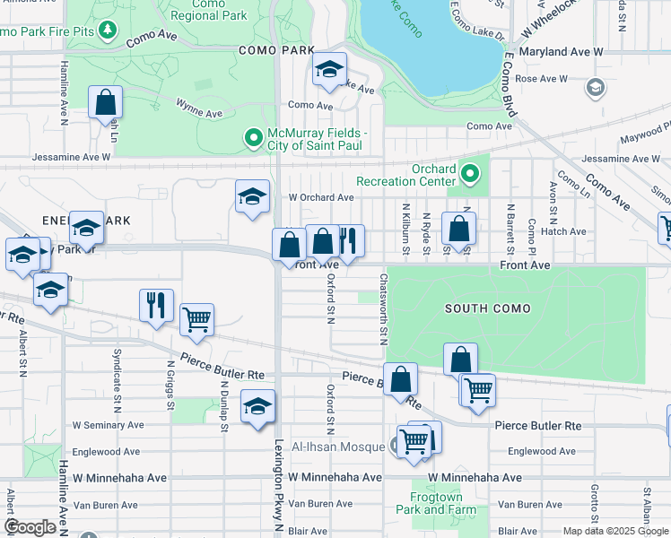map of restaurants, bars, coffee shops, grocery stores, and more near 1036 Front Avenue in Saint Paul