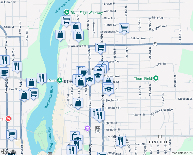 map of restaurants, bars, coffee shops, grocery stores, and more near 517 Chicago Avenue in Wausau
