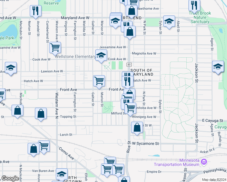 map of restaurants, bars, coffee shops, grocery stores, and more near 188 Front Avenue in Saint Paul