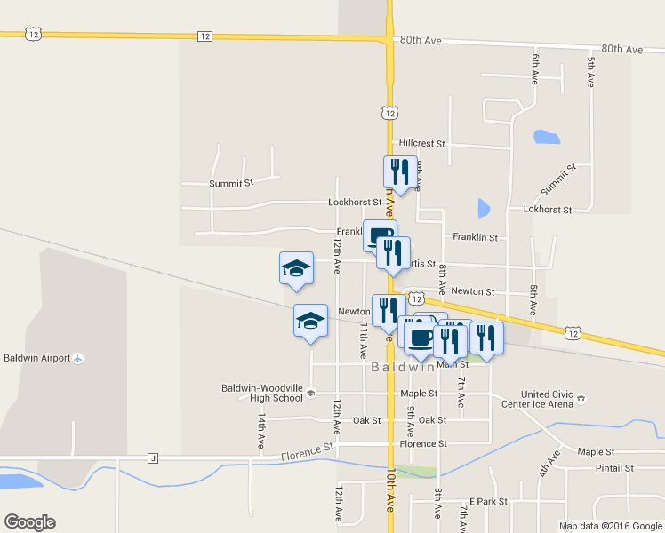 map of restaurants, bars, coffee shops, grocery stores, and more near 800 12th Ave in Baldwin