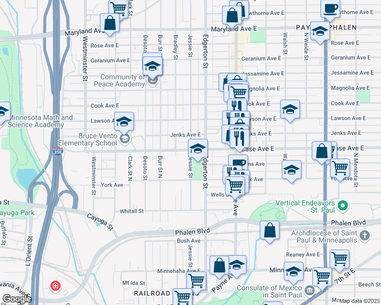 map of restaurants, bars, coffee shops, grocery stores, and more near 955 Jessie Street in Saint Paul