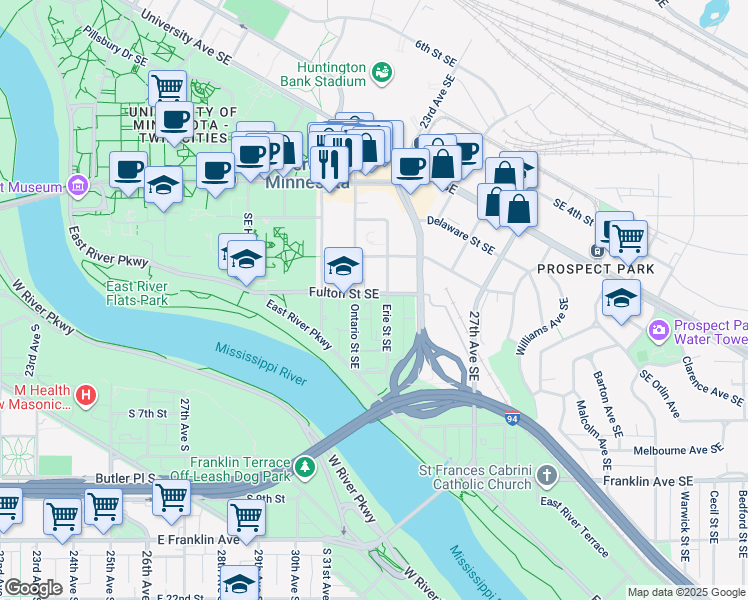 map of restaurants, bars, coffee shops, grocery stores, and more near 914 Fulton Street Southeast in Minneapolis