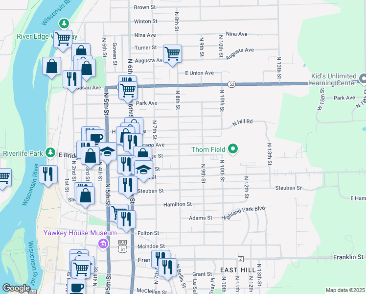 map of restaurants, bars, coffee shops, grocery stores, and more near 805 Chicago Avenue in Wausau
