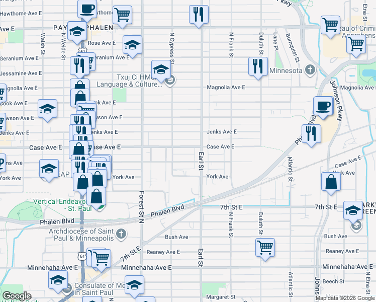 map of restaurants, bars, coffee shops, grocery stores, and more near 1030 Case Avenue East in Saint Paul