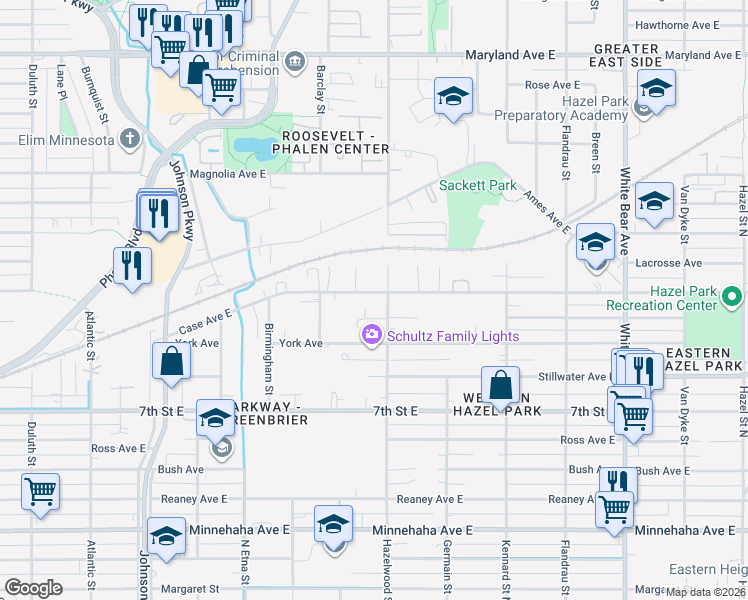 map of restaurants, bars, coffee shops, grocery stores, and more near 1530 Case Avenue East in Saint Paul