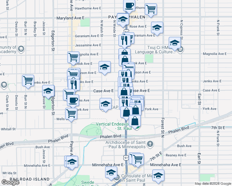 map of restaurants, bars, coffee shops, grocery stores, and more near 782 Case Avenue East in Saint Paul