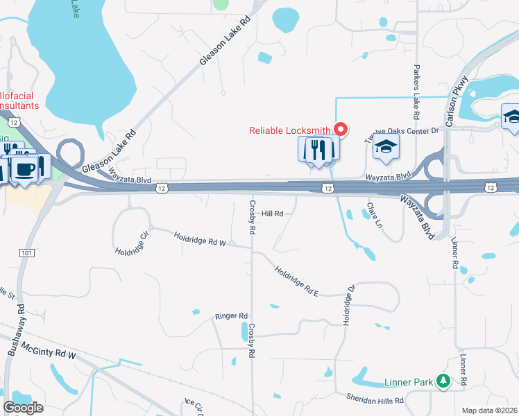 map of restaurants, bars, coffee shops, grocery stores, and more near 15910 Hill Road in Wayzata
