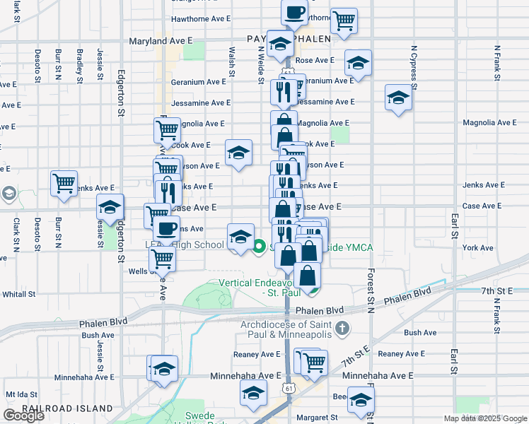 map of restaurants, bars, coffee shops, grocery stores, and more near 782 Case Avenue East in Saint Paul