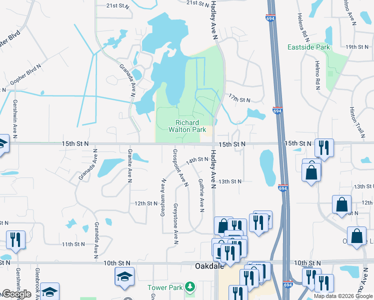 map of restaurants, bars, coffee shops, grocery stores, and more near 6889 15th Street North in Oakdale
