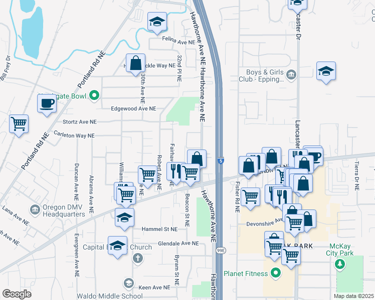 map of restaurants, bars, coffee shops, grocery stores, and more near 3491 Hawthorne Avenue Northeast in Salem
