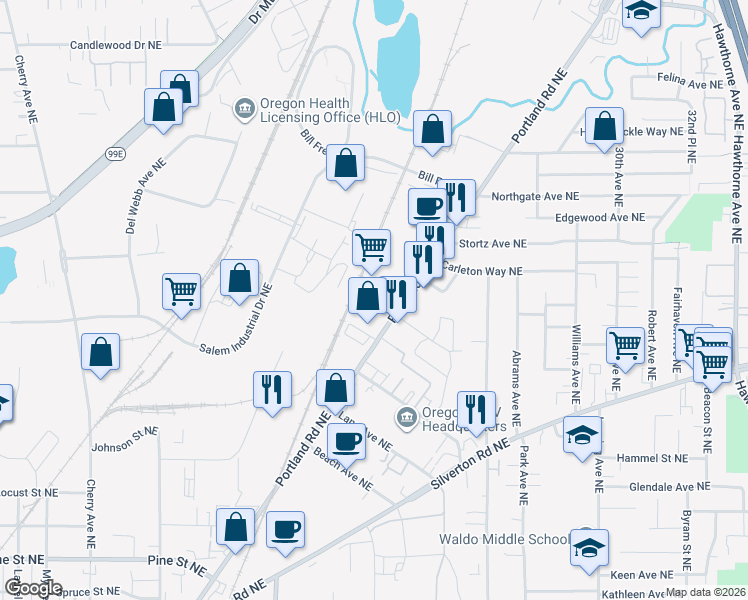 map of restaurants, bars, coffee shops, grocery stores, and more near 3357 Portland Road Northeast in Salem