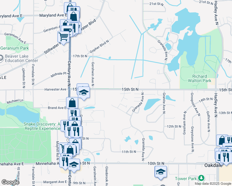 map of restaurants, bars, coffee shops, grocery stores, and more near 6281 15th Street North in Oakdale