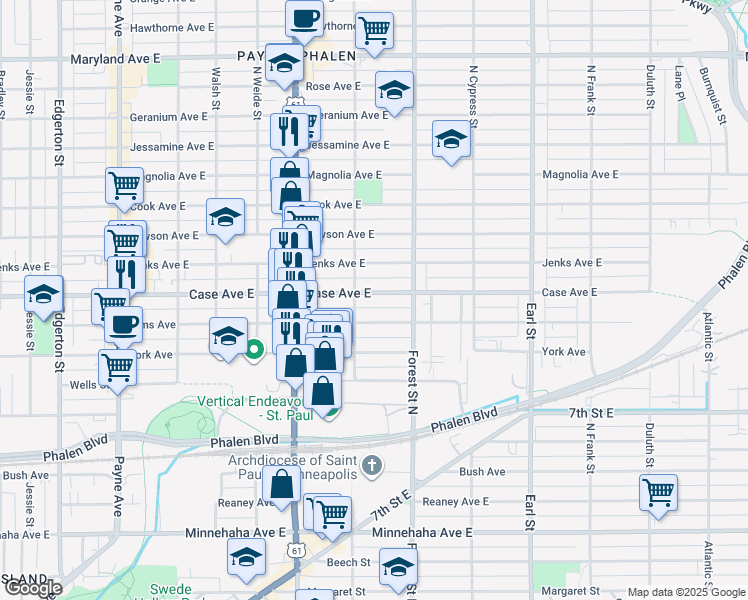 map of restaurants, bars, coffee shops, grocery stores, and more near 886 Case Avenue East in Saint Paul
