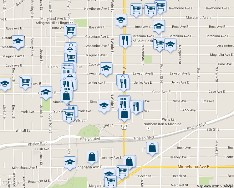 map of restaurants, bars, coffee shops, grocery stores, and more near 782 Case Avenue East in Saint Paul