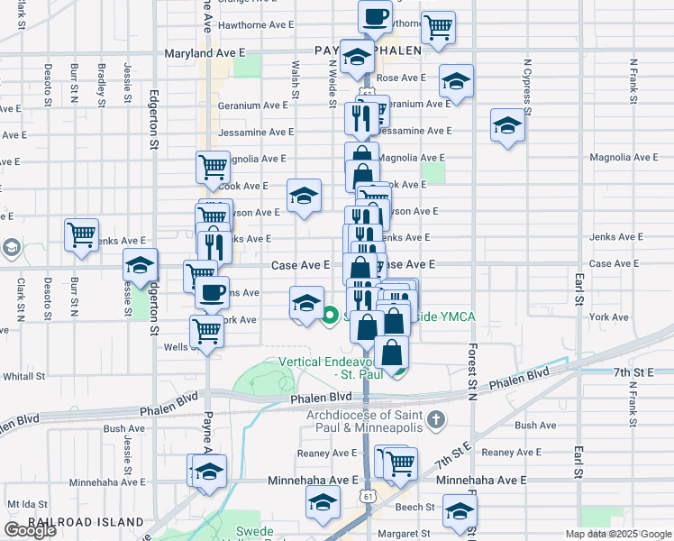 map of restaurants, bars, coffee shops, grocery stores, and more near 782 Case Avenue East in Saint Paul