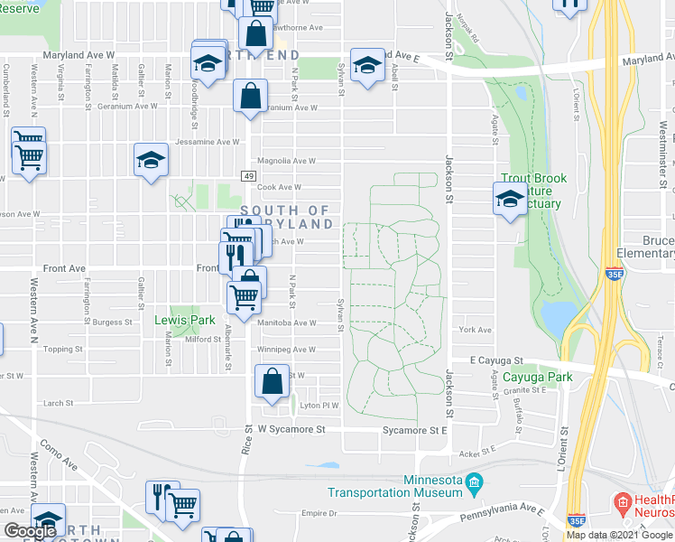 map of restaurants, bars, coffee shops, grocery stores, and more near 46 Front Avenue in Saint Paul