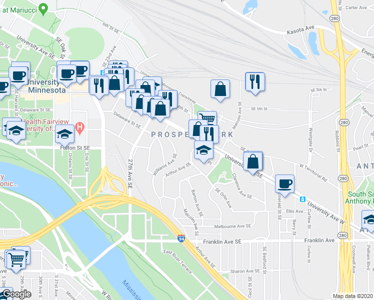 map of restaurants, bars, coffee shops, grocery stores, and more near 2841 Williams Avenue Southeast in Minneapolis