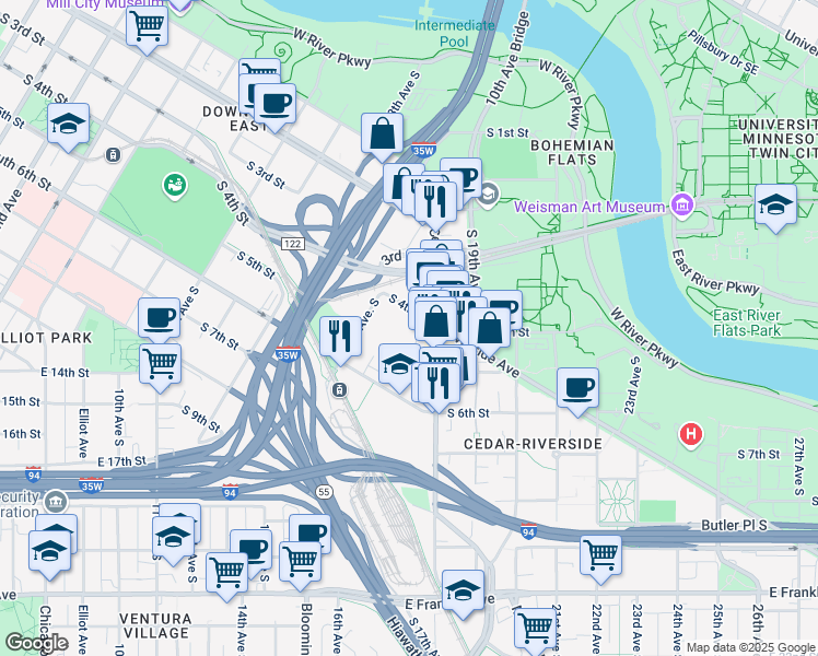 map of restaurants, bars, coffee shops, grocery stores, and more near 1525 South 4th Street in Minneapolis