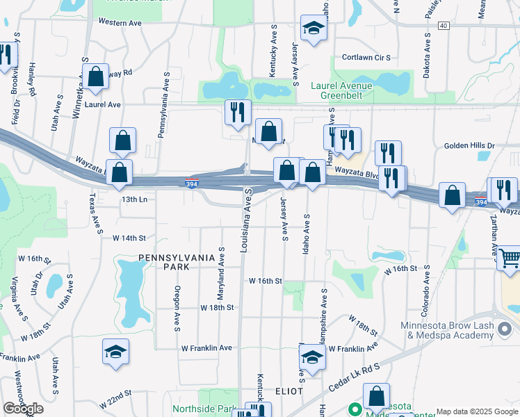 map of restaurants, bars, coffee shops, grocery stores, and more near 7115 Wayzata Boulevard in St. Louis Park